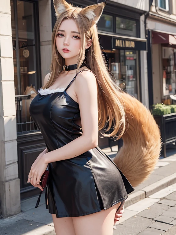 ((highest quality)), ((masterpiece)), (get used to it), perfect face, fox girl, Beautiful woman, public, A tail is growing, she has a fluffy tail, she has a fox tail, she shows her tail, smile, She wears a dress, beautiful hips, big breasts , big tail, Tail from One Piece