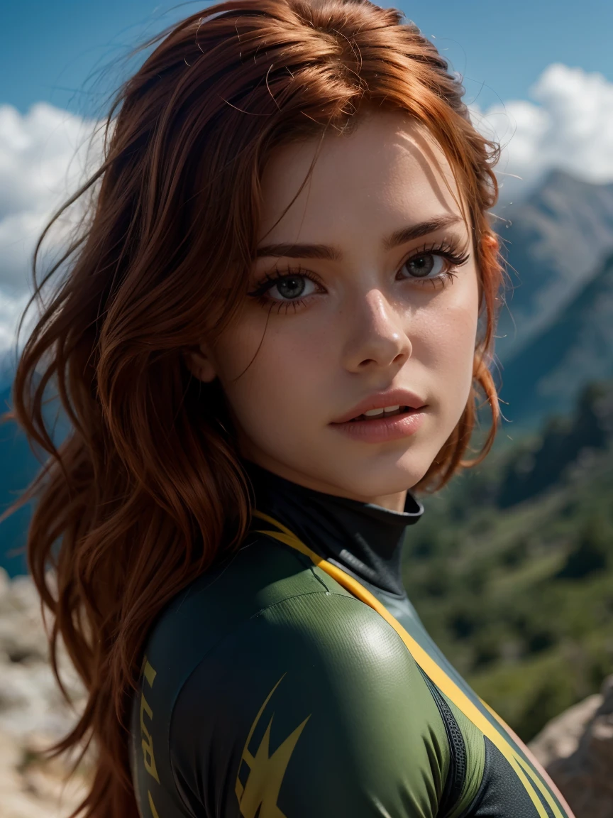 redhead woman, climbing outfit, climbing on mountains, closeup, (muddy:0.6), shallow depth of field, highly detailed, high budget Hollywood film, bokeh, cinemascope, epic, gorgeous, film grain