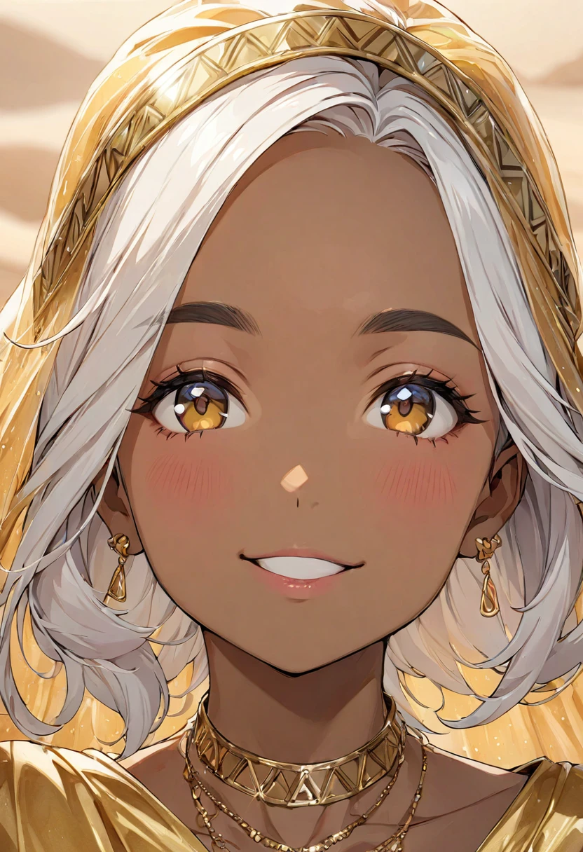 (masterpiece, Best Quality:1.4), 1 girl, 20-year-old woman, Anime Style, Upper Body, Photographed from the front, look up, Egyptian, Belly dancing, Brown Skin, (((Cute eyes))), (((フェイスVeil))), Veil, necklace, Wearing a modest gold silk dress, smile, Pink lower lip, Woman in the desert, Silver Hair, Asymmetrical bob hairstyle, Longer bangs on one side, The ratio of person to background is 1:1,Simple Background.