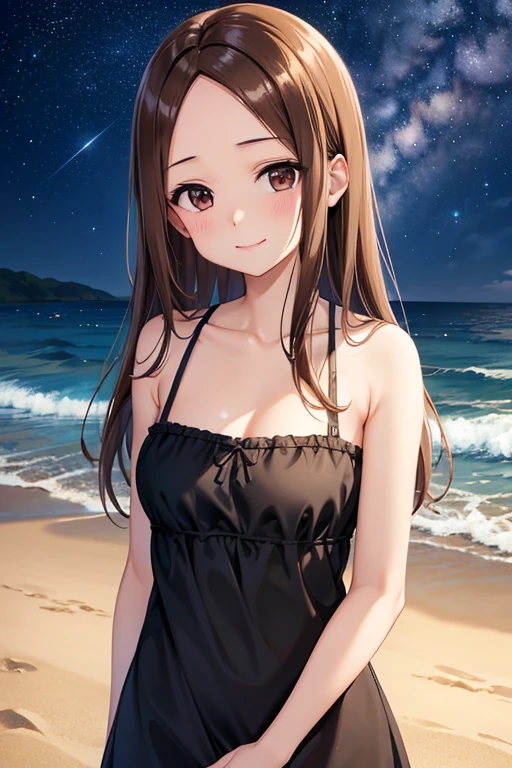 takagi-san、Shiny brown hair, Long Hair,((Medium Breast、amount、Center Part))、 Beautiful brown eyes、smile、Shining Eyes, (fine grain)、Very beautiful eyes、Highly detailed face, Detailed eyes, 


 1 female,  4K resolution, High quality CG, Beautiful CG, Soft Light、  
Young woman with light brown skin standing on the beach at night. She has shoulder-length hair、 "Flaming" It is written there,
 Black camisole mini dress. Under the starry sky in the background、It depicts a calm ocean with gentle waves lapping on the shore.. The lighting accentuates her natural features., Make the scene look realistic. She is happy and facing the viewer.
