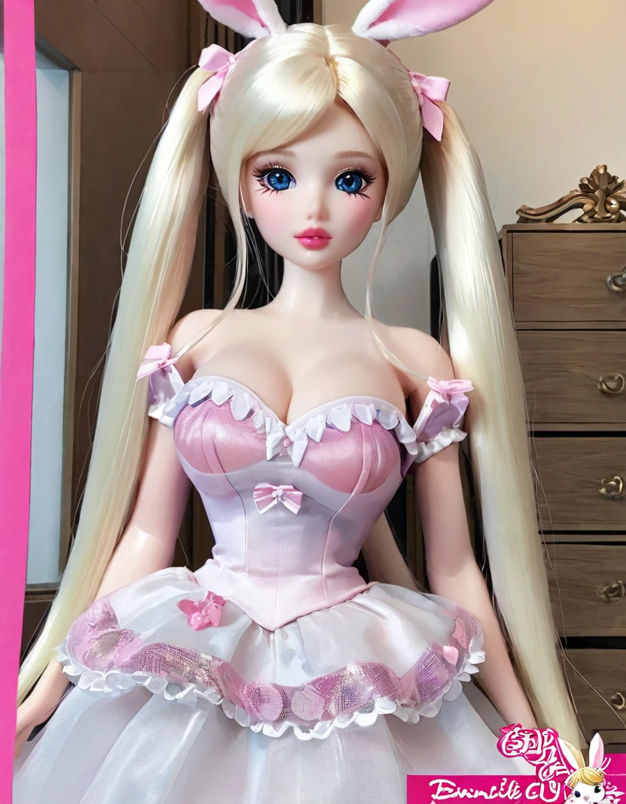 (masterpiece, Best quality: 1.2), 1twintails barbie doll,doll，Colloid， Exquisite eyes, Wide hips, Colloid皮肤，(Wearing Bunny Girl,)，Huge natural breasts，