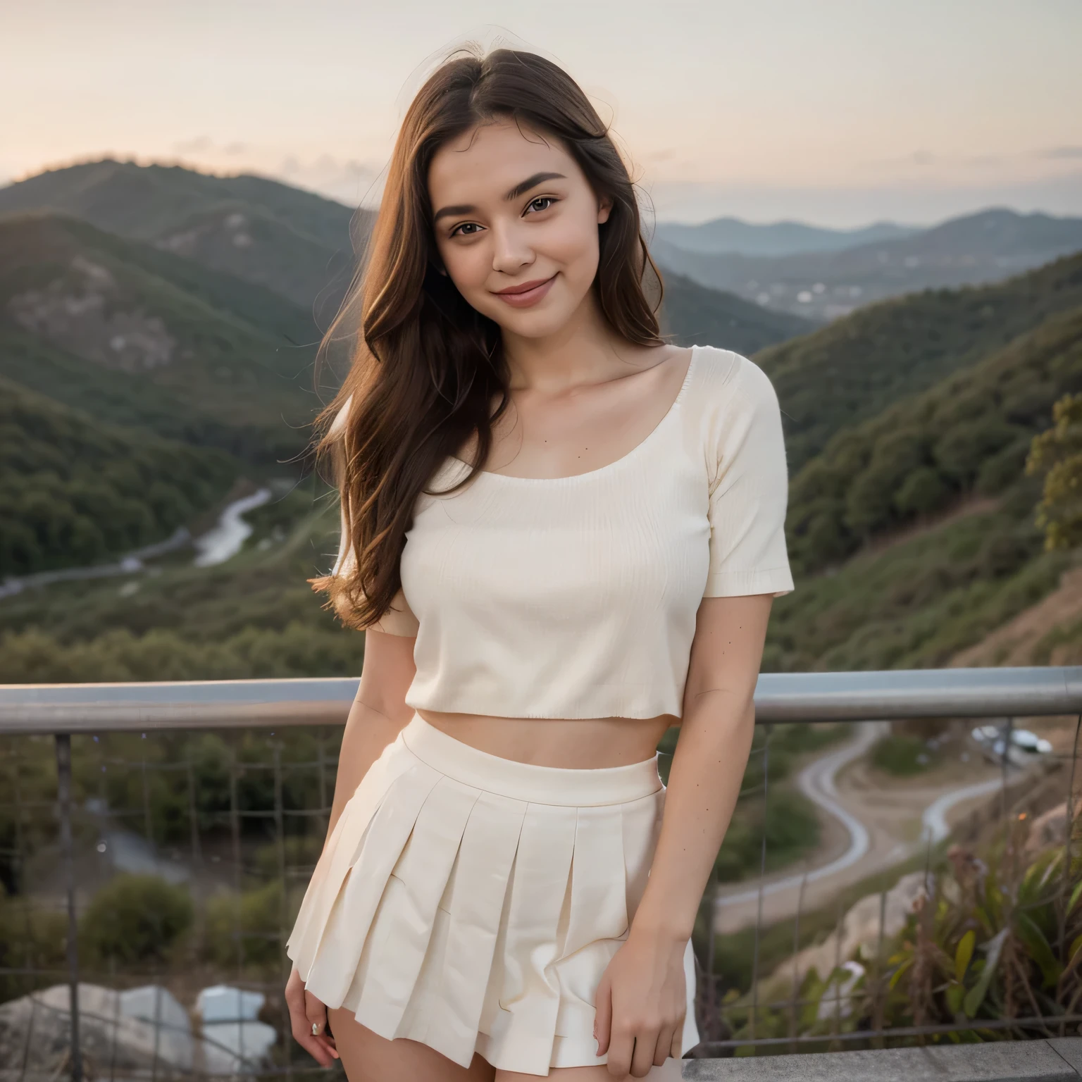 18 year old mixed race girl , European-Asian, with light brown wavy long hair, slightly tanned skin, Almond-shaped large eyes with dark brown iris, small narrow mouth with pink red lips, Medium sized nose and small ears, She wears a red very short mini skirt ,a white slip ,white short socks with light shoes, a very small white tight-fitting crop top , She sits on a big stone, on the white beach ,with trees and blue sky