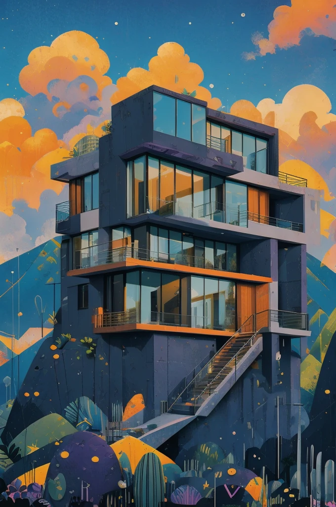 small and beautiful modern house in top of big boulders, terraces, pool, stairs, multiple cacti gardens, palms, trees, rocks, beautiful landscape design, mountains and volcano y background, amazing clouds, sun, moon, planets, milky way galaxy, concrete, wood, glass and steel materials, olive green, violet, orange and withe colors in facade