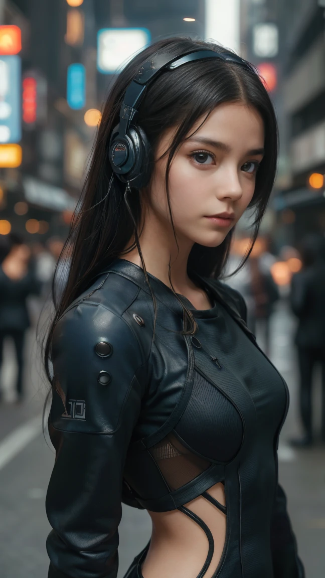 ((masterpiece、Best Quality、Best image quality、High resolution、Real、RAW Photos、Accurate depiction、Subtle details))、((Cyberpunk:1.2))、((European Girls:1.5))、 (Black Hair、amount、Long Straight Hair:1.2)、((Bright dark blue eyes、Sharp Eye:1.4))、Cyberpunk、Wearing futuristic robotic tactical leather sheer armor、Cyberpunkな腹筋が見えるカットアウトのスーツ、Slim and sporty body、innocent、Playful、Very beautiful face、(Black suit:1.2)、(Headset)