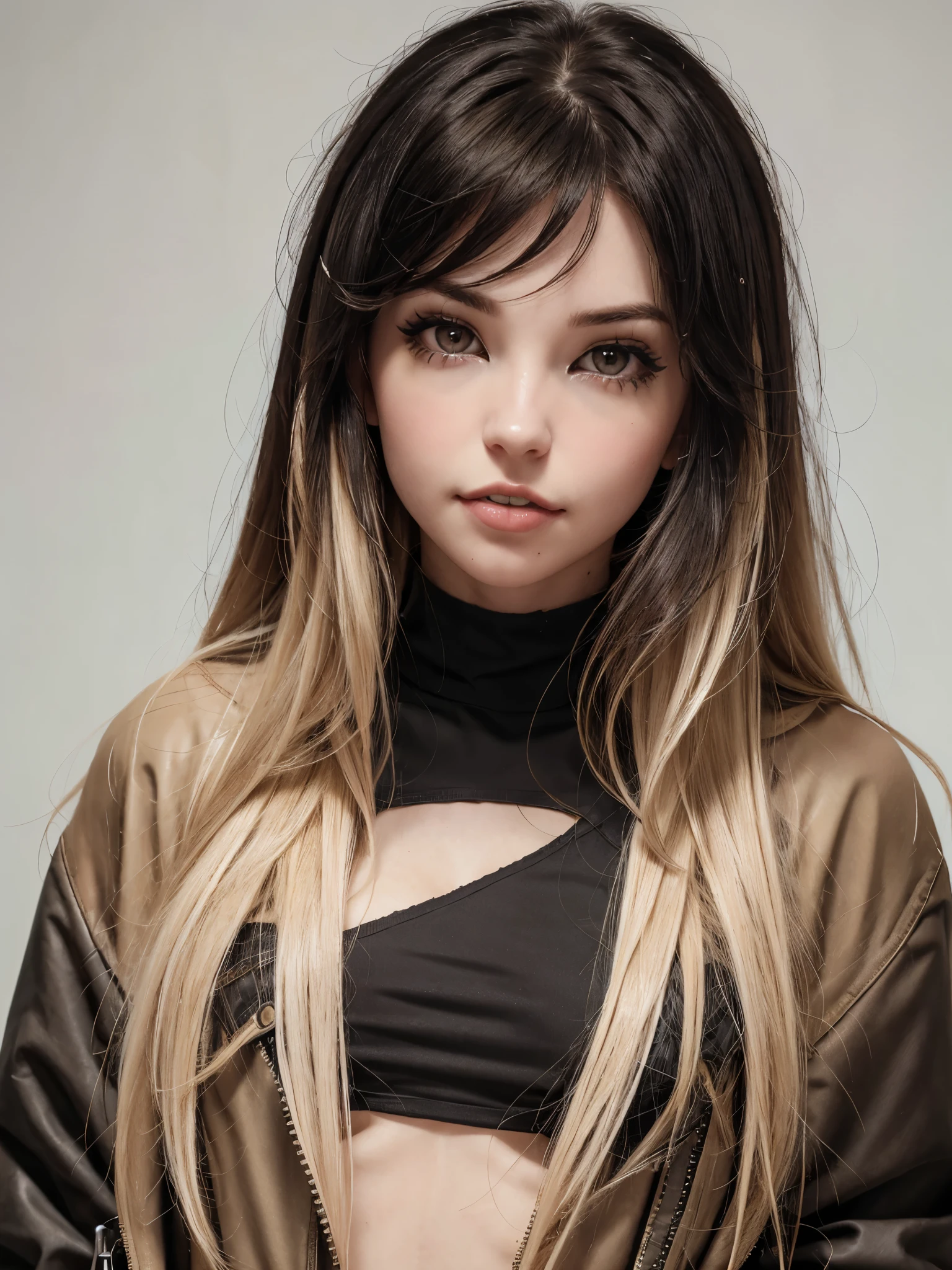 (best quality), 1girl, female, pale skin, (black hair), blonde ombre, medium hair, messy hair, messy bangs, hair over eyes, (brown eyes), perfect eyes, dark circles under eyes, skinny body, scowl, goth girl, oversized jacket, turtleneck, ripped jeans, flat chest, childish, masterpiece, anatomically correct, highres
