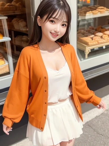 Brown Hair,Medium Hair,20-year-old female, With the correct face, Cute natural smile, Japanese facial features, A clean and cute face, Realistic portraits, 8K Photo, Soft Makeup,Natural skin texture,Raw photo,highest quality,Full Body Shot,Waving,Yellow clothes