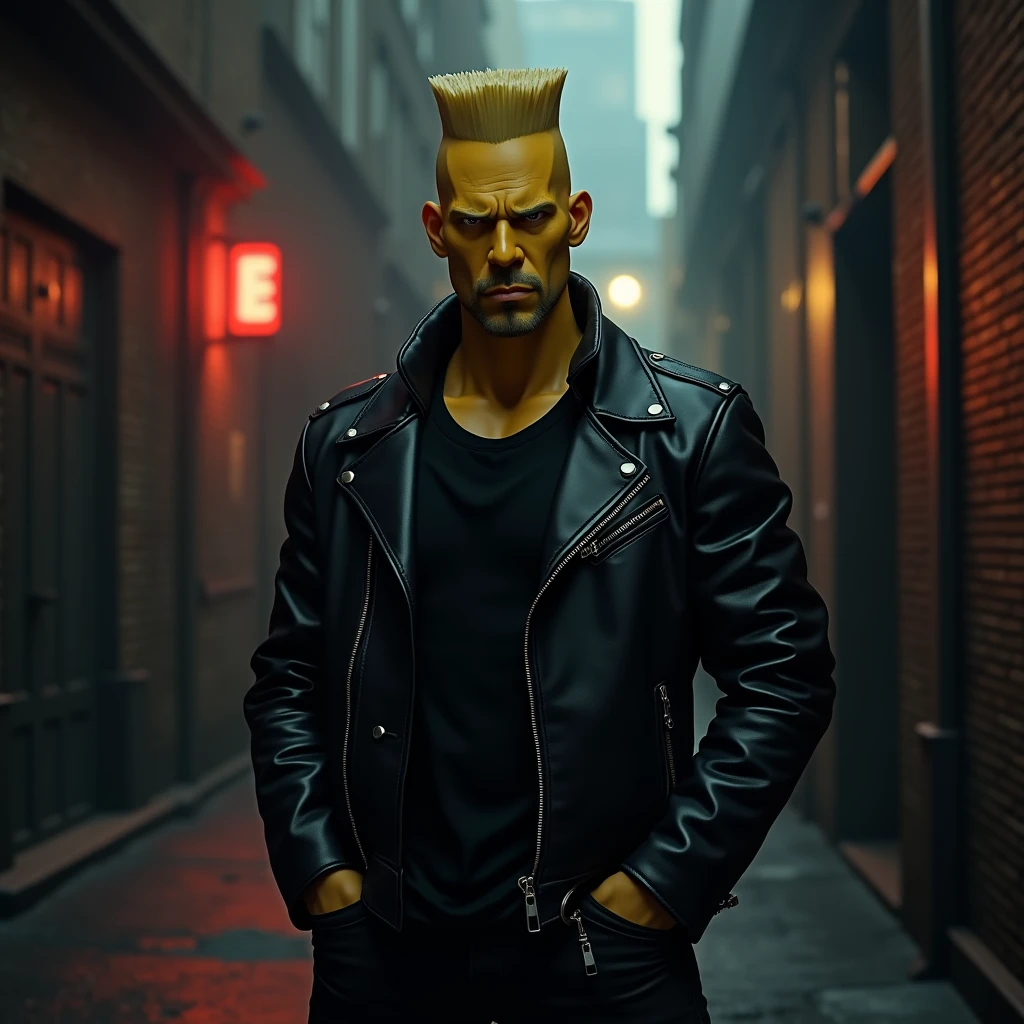 Task ID:48193229307973 Nordic man standing in the street with undercut haircut and yellow leather jacket and hair, Portrait of a Bloody Hunter , Badass anime 8k
