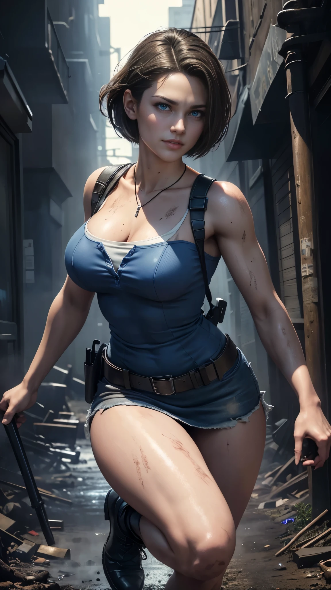 Jill Valentine da resident evil,(best qualityer,4K,8k,high resolution,work of art:1.2)(weather: rain), back alley background, city ruins, wide hips, thick thighs, short curly hair, brown hair, blue strapless leotard, tight black mini skirt, boots, harness, police gear, stretching out pose, ultra detailed,portrait,realistic,beautiful detailed blue eyes, beautiful detailed lips,extremely detailed eye and face, long eyelashes,average, medium breasts,flying hair,beaming smile, sexy smile,powerful girl, bright coloured, dramatic lighting, torn clothes, muddy body,