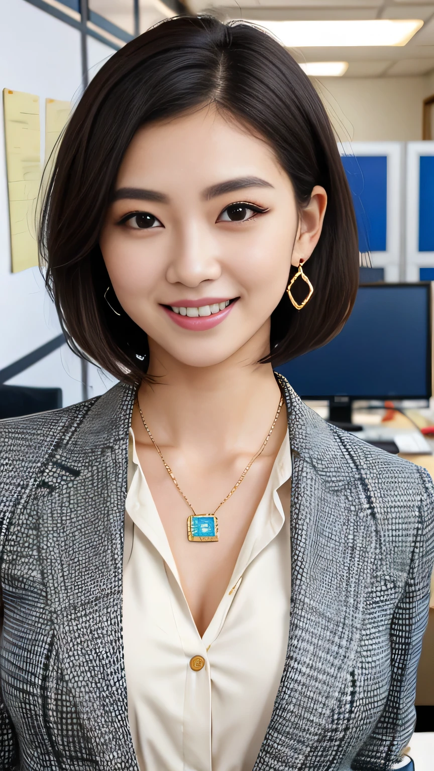 RAW Photo High Resolution, Very detailed, Intricate details, 、ear piercing、、Short Hair、Black Hair、、Office Lady Suits 、smile、jacket、shirt、Heavy makeup、Necklace around the neck、, The background is an office
