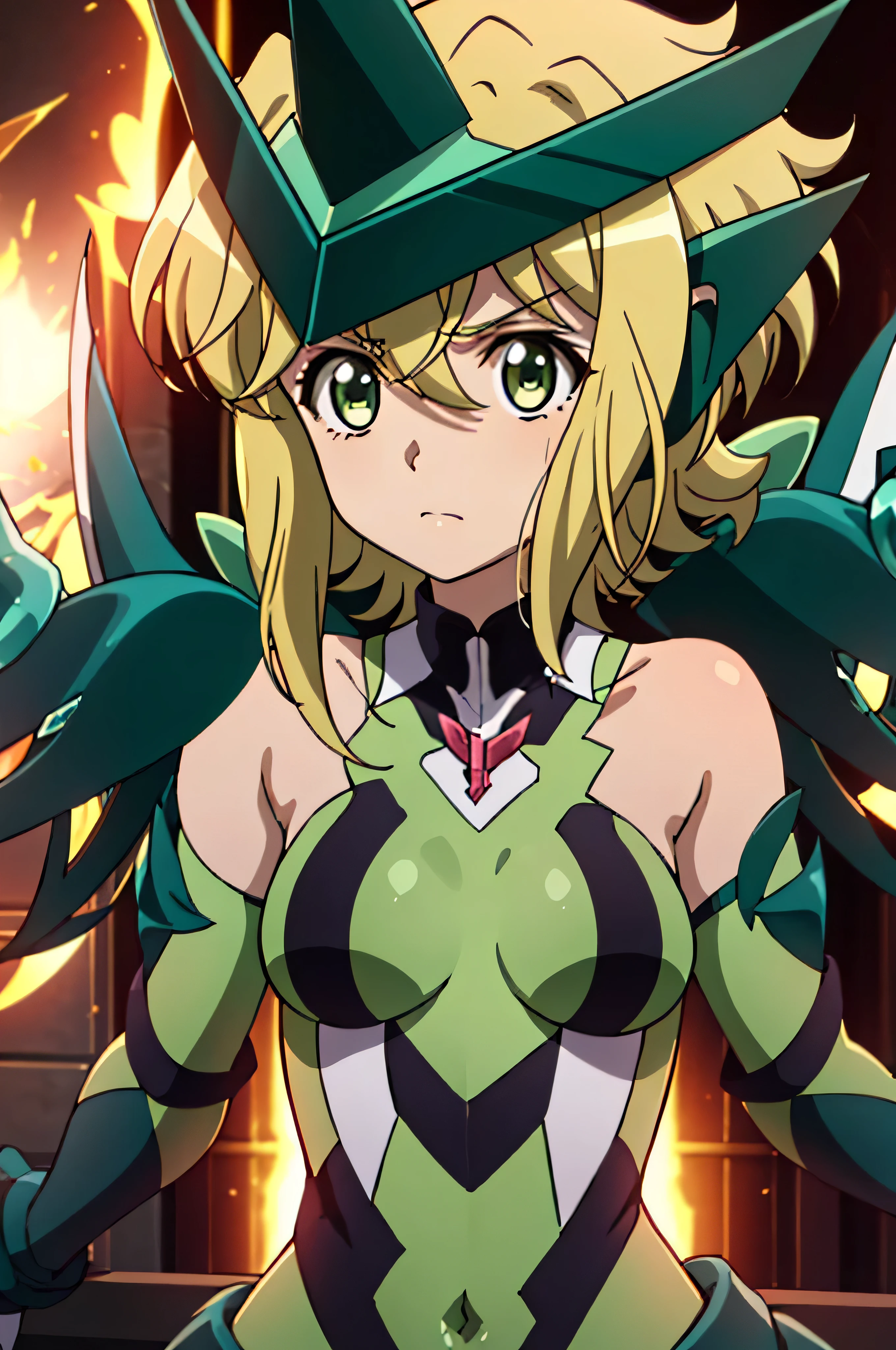 Best Quality, Soft Light, Ultra-high resolution, cute,Beautiful face in every detail,High resolution detail of human skin texture,Shiny skin,Symphogear,Akatsuki Song,Green Costume,Blonde