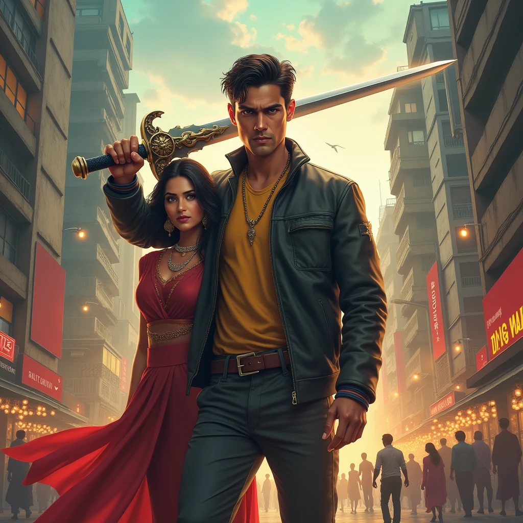 python
prompt = "A heart-wrenching scene of ultimate sacrifice in a post-apocalyptic India, set in the year 3500, amidst the Kali Yuga. The atmosphere is thick with pollution, and the air is filled with toxic fumes. Ruins of once-great cities litter the horizon, with crumbling skyscrapers and twisted metal debris. The sky is a deep, fiery red, with dark clouds of smoke and ash billowing upwards.

In the foreground, a couple, both worn and weary, are caught in a desperate moment. The woman, Nalini, visibly pregnant, with dark brown skin and long, dark hair, is pushed to the ground by her partner, Kavi, who stands in front of her, shielding her from harm. Kavi, with gaunt and exhausted features, has dark brown skin and messy, unkempt dark hair. His eyes are fixed on the hunters, who are closing in on them.

One of the hunters, a ruthless and menacing figure, points a gun at Nalini. Kavi, with a fierce determination, pushes Nalini to the ground, using his body to protect her from the impending gunshot. His eyes are locked on hers, filled with a deep love and concern for her safety.

Nalini's eyes are wide with fear, her face contorted in anguish as she realizes what Kavi is about to do. She reaches out to him, her hand grasping for his, but it's too late. The hunter's finger tightens on the trigger, and Kavi's body jerks backwards, his chest filling with the impact of the bullet.

The image should evoke a sense of shock, horror, and deep sadness, as Kavi makes the ultimate sacrifice to protect the woman he loves, and their unborn . The scene should be intense, with a focus on the emotional connection between the two characters, and the desperation of their situation."