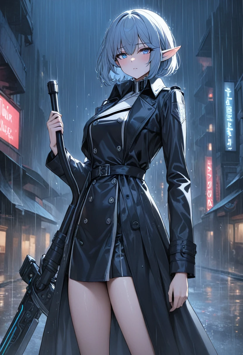 (masterpiece), anatomically correct, accurate, textured skin, high details, high quality, (best quality), (super detail), perfect detailed eyes, perfect detailed face, ultra-detailed nose, A tough, adult female elf with a short bob haircut, dressed in a form-fitting, dark leather trench coat. She stands on a rain-soaked street at night, illuminated by the glow of a flickering neon sign. Her posture is relaxed but alert, one hand tucked in her coat pocket, the other holding a small, futuristic weapon. Her sharp elven features, including her pointed ears, give her an air of elegance mixed with streetwise grit. The atmosphere is noir-inspired, with rain misting the ground, and the mood is tense, as if she's about to take on a dangerous mission