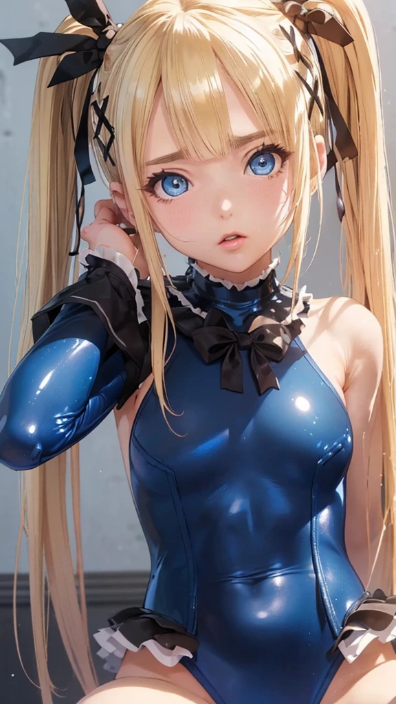 ((Best Quality))，(Extremely detailed CG)，masterpiece、Perfect quality、(((Face close-up)))、Marie Rose、1 female(Being restrained)、  眩しいハイライトが入ったプラチナblondeの髪、 Shiny bright hair, Attractive big blue eyes、Highly detailed face、so beautiful、( Blue latex school swimsuit for a perfect fit)  、Ruffled swimsuit,Red ribbon around neck ),(((blonde))),cute 、(Waist-length hair)、Detailed hair、 (((Twin tails)) 、 (((Flat Chest)))、Perfect arm cover、((Detailed ruffled leotard))、(The camera is positioned low)、Include your head to chest in the frame