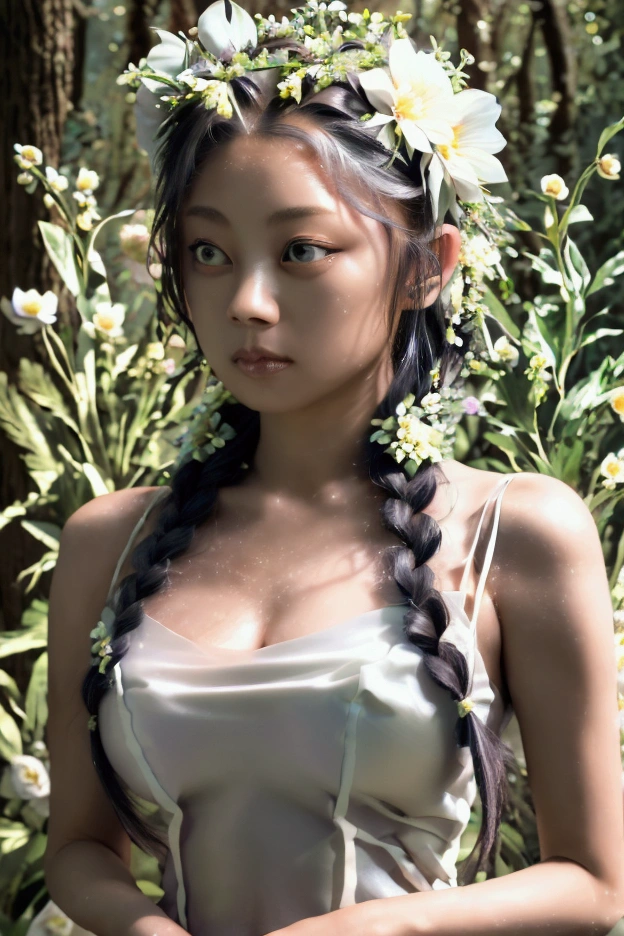 Very detailed, masterpiece, Cinematic Lighting Digital Photography,(In the forest where fairies live),(Flower crown,Japanese,actress,Braided hairstyle,35 talents,Gorgeous white tight dress,woman,Bob Hair,masterpiece, complicated, Very detailed,black eye detailed eye: 1.2), High resolution,,Large Breasts,Shiny skin,Innocent personality