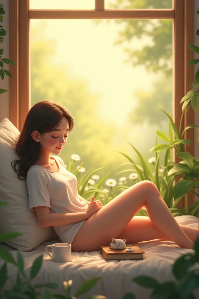 In a rustic cottage nestled deep within a misty forest, a girl lies on a handwoven blanket spread across a weathered wooden floor. Her head rests on a plump cushion, her gaze fixed toward an open window that reveals a breathtaking panorama of towering trees and a gentle waterfall in the distance. The room is adorned with natural elements, dried wildflowers hang from the rafters, and the earthy scent of wood permeates the air. Sunlight filters through the canopy outside, casting dappled patterns across the scene. The atmosphere is one of tranquil solitude, inviting contemplation and escape from the outside world. Style: Watercolor painting on textured paper, capturing the delicate interplay of light and shadow with soft, blended brushstrokes.