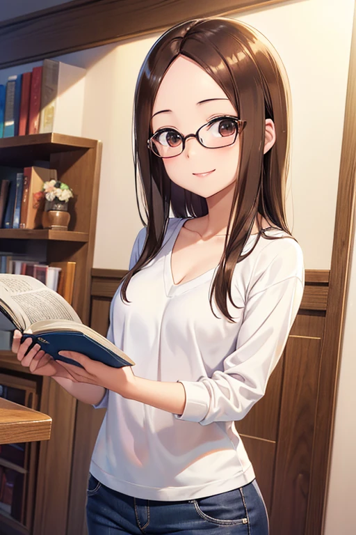 takagi-san、Shiny brown hair, Long Hair,((Medium Breast、amount、Center Part))、 Beautiful brown eyes、smile、Shining Eyes, (fine grain)、Very beautiful eyes、Very detailed顔, Detailed eyes, 


8k, Best Quality, masterpiece, Realistic, Photorealistic, Very detailed, Natural Light, Shapely breasts, , 1 person, 20-year-old female, 
 Beaver, Straight Hair, Silver glasses, (Looking at the audience), 
 Knitted V-neck shirt, Very detailed顔と肌, Fine grain, Very detailed顔と肌,Date Books,Books,大きなsmile