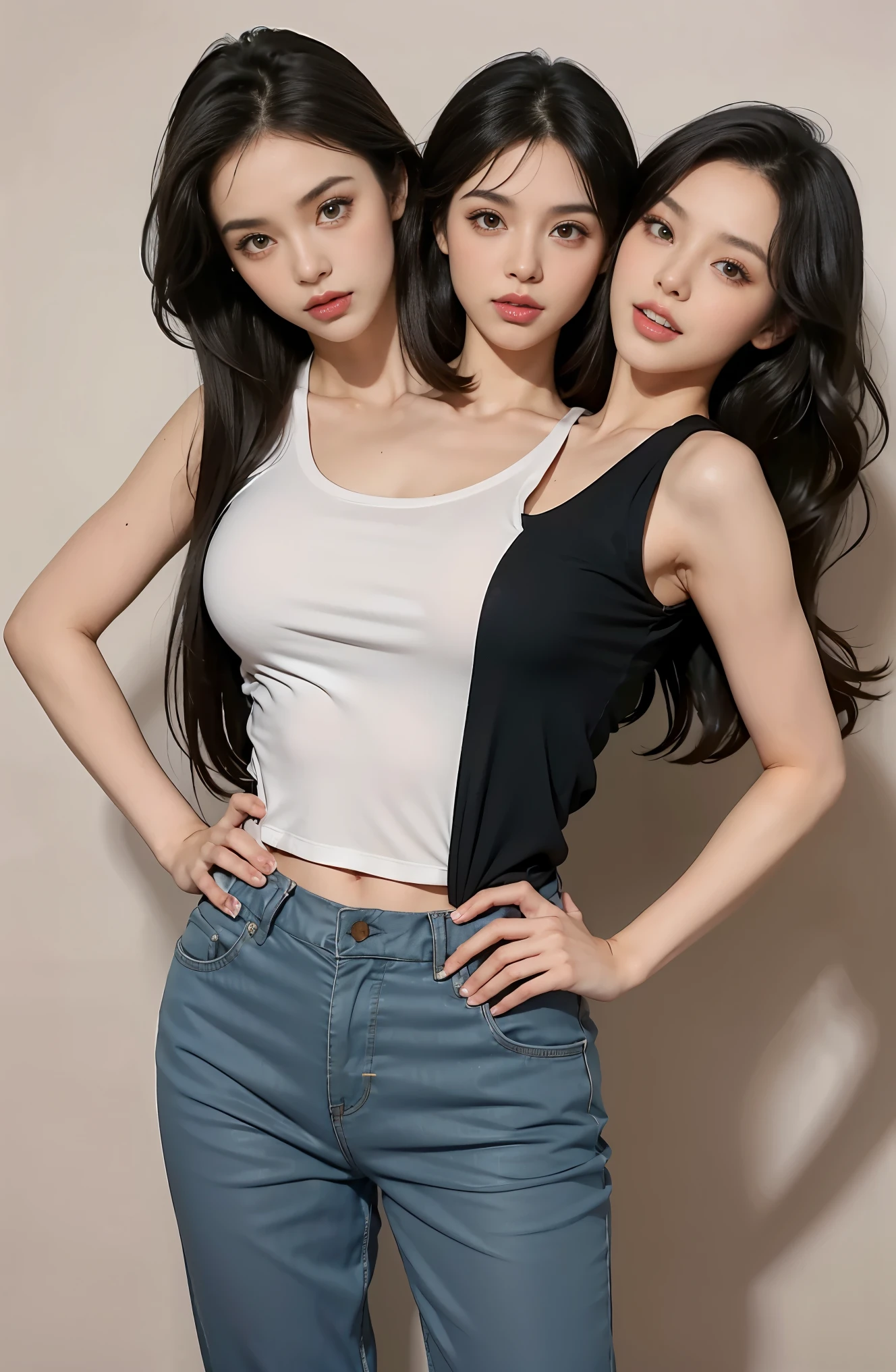 Girl in white bra and tight denim skirt posing for photo, full body, with cropped T-shirt, bra, slim body, smaller bust, conjoined_dicephalus, (two heads:1.2), slim girl model, 24-year-old female model, lying on the construction site