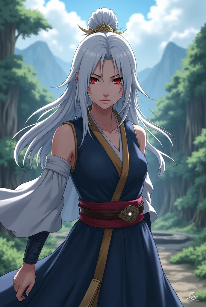 tsunade, dark_skin_female, female_solo, grey hair, messy_hair, yellow_eyes, long_hair, warrior women, red lips, forest background, black dress, belly revealing, mature_female, musclular body, tall height, sidelocks, line anime,mature female, (sidelook:1.64), (tanned skin:1,76)