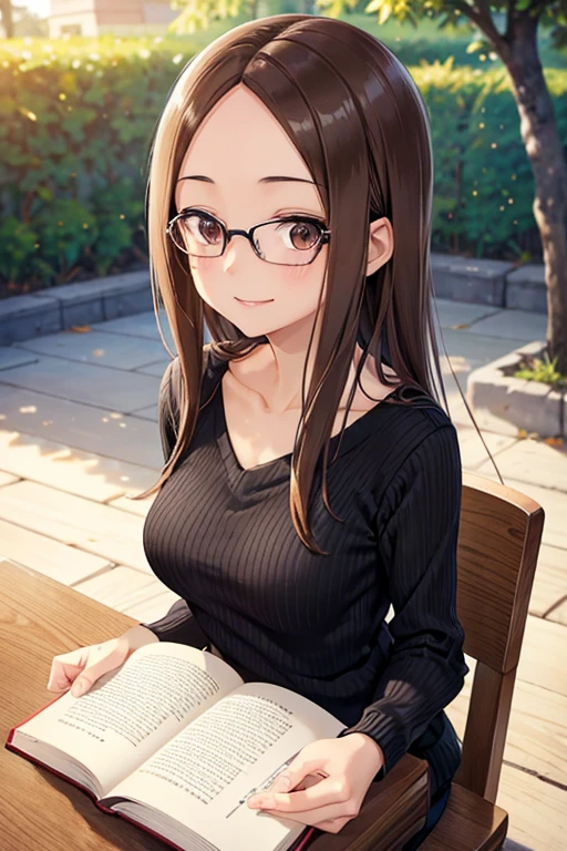 takagi-san、Shiny brown hair, Long Hair,((Medium Breast、amount、Center Part))、 Beautiful brown eyes、smile、Shining Eyes, (fine grain)、Very beautiful eyes、Very detailed顔, Detailed eyes, 


8k, Best Quality, masterpiece, Realistic, Photorealistic, Very detailed, Natural Light, Shapely breasts, , 1 person, 20-year-old female, 
 Beaver, Straight Hair, Silver glasses, (Looking at the audience), 
 Black ribbed V-neck sweater, Very detailed顔と肌, Fine grain, Very detailed顔と肌,Date Books,Books,大きなsmile