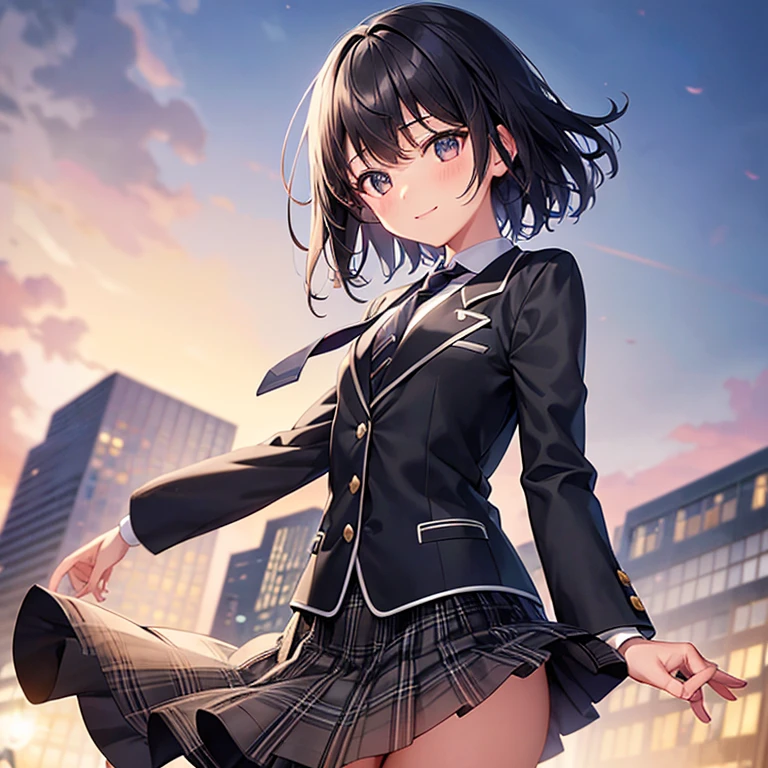 ((Highest Quality)), (super detailed), ((super detailed)), (Beautiful), ((Cute Girl)), 1girl in, Black hair, Short hair, Lori, hair, Blue eyes, Small breasts, Above the thighs , Smile, Blazer, School uniform, Beautiful night sky, Highly detailed CG Unity 8k wallpaper,