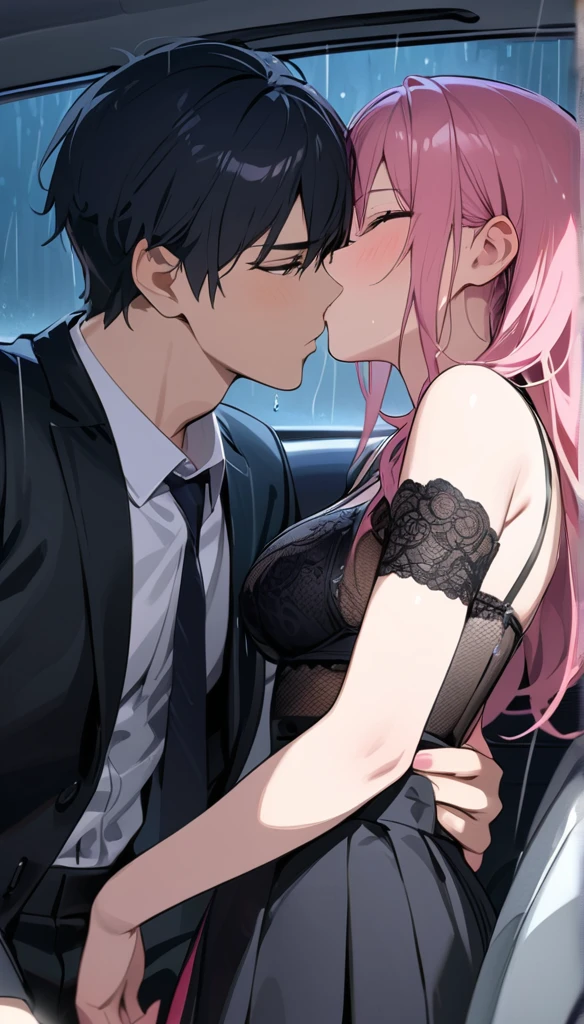 (woman with pink hair, sparkling light blue eyes)+(man with black hair and bright dark blue eyes)+(Ilya Kuvshinov anime style:1.2)+(newlywed couple getting into a black limousine)+(pink petals falling)+(full body image in high quality)