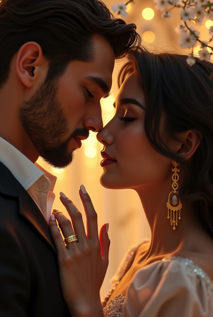Couple Photo, aesthetic, a romantic couple, beautiful detailed eyes, beautiful detailed lips, extremely detailed face, long eyelashes, intimate embrace, affectionate lovers, romantic date, soft lighting, candlelight, warm colors, golden hour, cinematic, professional, photorealistic, 8k, high quality, masterpiece