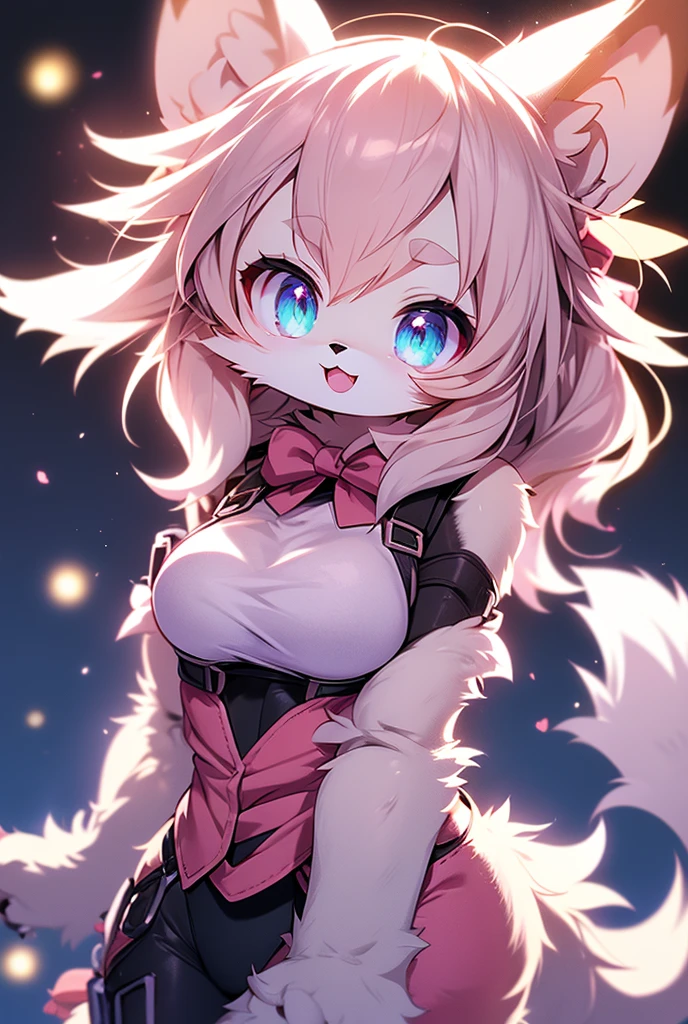 Cute, anime, furry, wolf_girl, eyes_pink, hair_short, hair_pink, ears_large, large_breasts, tail_long, hair-bowtie_black, bodysuit_black