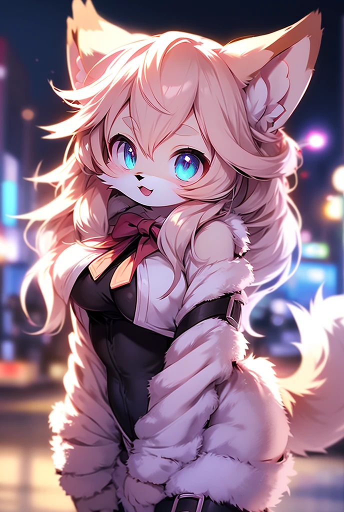 Cute, anime, furry, wolf_girl, eyes_pink, hair_short, hair_pink, ears_large, large_breasts, tail_long, hair-bowtie_black, bodysuit_black