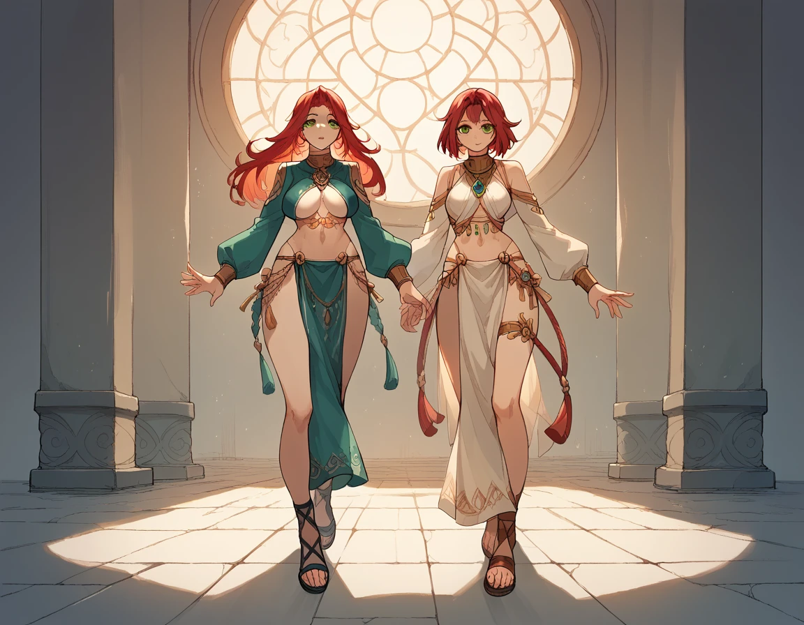 （Two Girls:1.3）long_sleeves pelvic_curtain breast_curtain　Hemp Sandals Harem Red Hair Green Eyes FULL_SHOT
