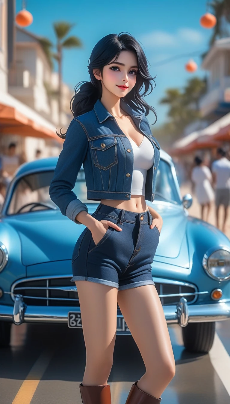 High-detail RAW color, Full body photo, Marinette Dupain-Cheng (Euphoria:1.0), Dark makeup, (dramatic, mystery, symmetrical background, Optical axis, Dark:1.2), Bokeh, Shallow focus, f2, 85 mm, (backlit:1.1), summer、Beach、seaside、Next to the car、Female nurse、Black long hair up、Blue denim jacket，Denim trousers、Martin boots、Black body（2.0）Standing on a small disc（1.8）Chrome tights, eos, skin_Pores, 8千 high definition, ((Embodying the essence of mature charm, Exquisite, and sexy)), (((She is tall, Hourglass figure, waist, Elongated, Tight legs, Adequate, Peachy back, Flat belly, And toned muscles, Reflects the figure of a supermodel))), (Striking golden eyes), , Vibrant, Expressive Makeup, (((Her perfect roundness、The firm breasts reached an impressive G cup))), She posed provocatively in this outfit, (Extremely detailed:1.3), (Walk with confidence), (Full body display), (Show your whole body),High detail eyes, Highest quality, skin texture, masterpiece, , Movie Lighting, HDR, beauty, Extremely detailed, Amazing,