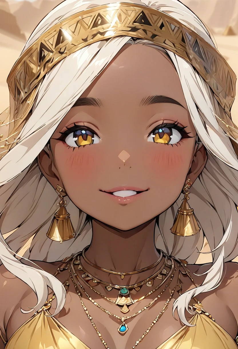 (masterpiece, Best Quality:1.4), 1 girl, 20-year-old woman, Anime Style, Upper Body, Photographed from the front, look up, Egyptian, (Belly Dancer), Brown Skin, (((Cute eyes))), (((口元を隠すフェイスVeil))), Veil, necklace, Wearing a modest gold silk dress, smile, Pink lower lip, Woman in the desert, Silver Hair, Asymmetrical bob hairstyle, Longer bangs on one side, The ratio of person to background is 1:1,Simple Background.