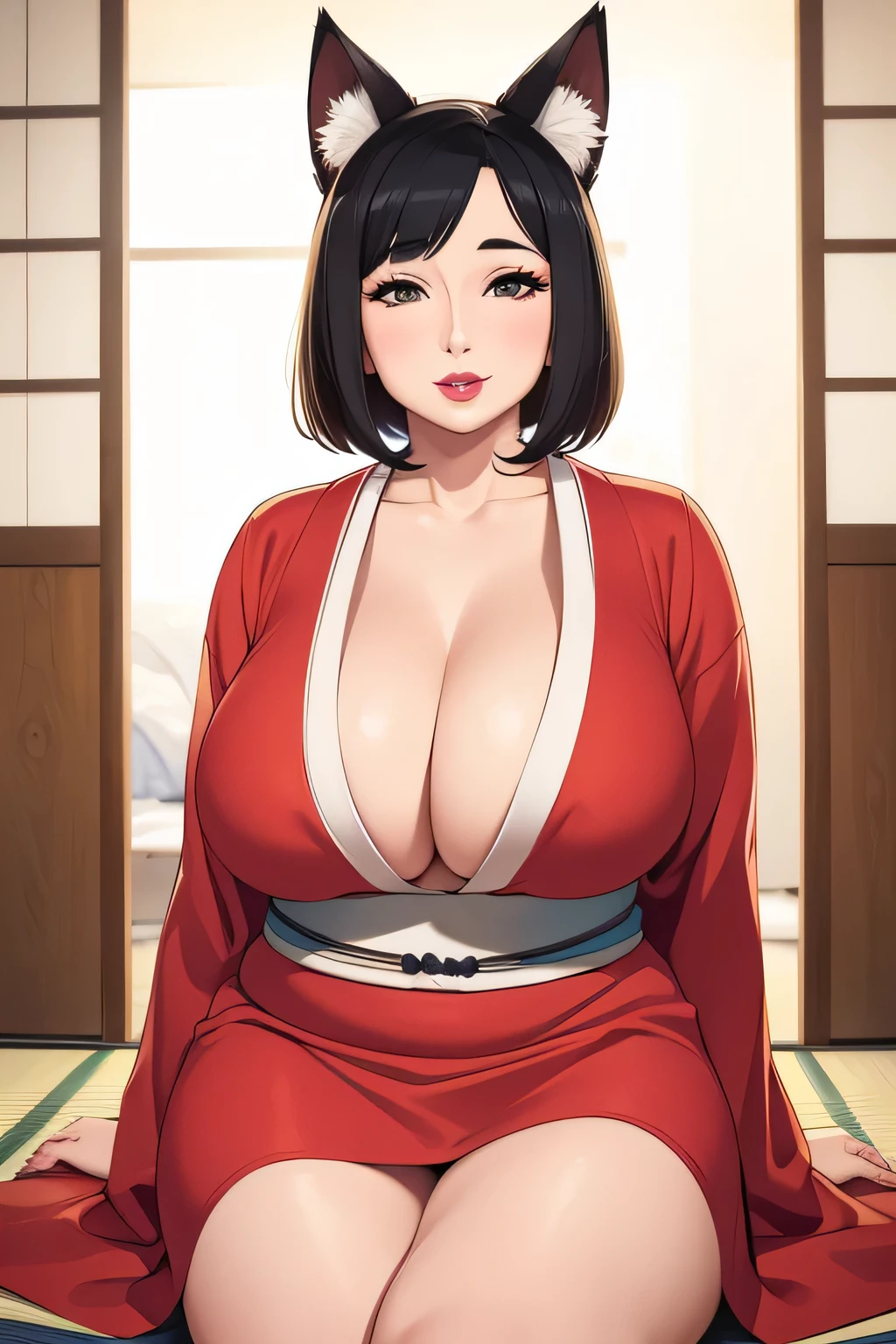 (8K, Raw photo, highest quality, masterpiece: 1.2),1 boy、1 female,Facing each other,(8 year old boy,1 person),30 year old Japanese woman,Mother,housewife,huge breasts,mature woman,smile,squat,(look down:1.4)