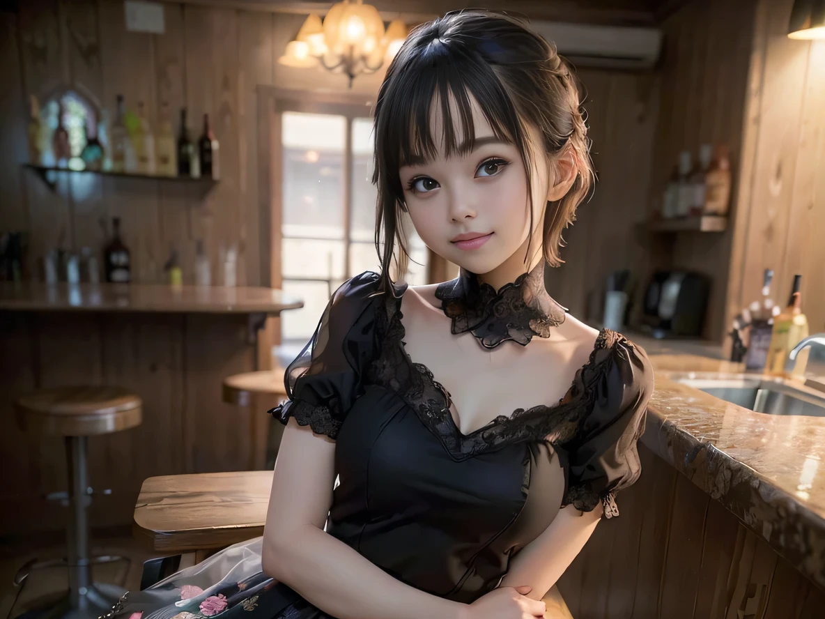 (Highest quality, masterpiece, Ultra-high resolution, 8k, RAW Photos, Realistic, Anatomically correct:1.5), 20-year-old girl:1.2, Embarrassing, avert your eyes, blush:1.0, View Viewer, ((bar)) 、Large windows、Night view、 Light:1.2, Bokeh, Cinema Lighting:1.0, Depth of written boundary, sharp、 Cute Face、Idol、(Black short sleeve lace top)、(Black tulle skirt)、(Navy blue clothes)、”dwarf”、(Full Body Shot)、(Side angle)、Cowboy Shot、( smile)、((Ultra short hair、Berry Short))、(Straight bangs)、((See-through))、(( One woman))、look back、I can see your belly button、