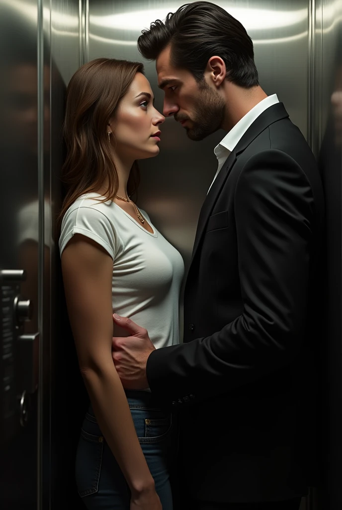 blonde woman with a dark-haired man The elevator ride was full of tension, our bodies close but not yet touching, the woman is wearing a tight black dress and the man a white shirt