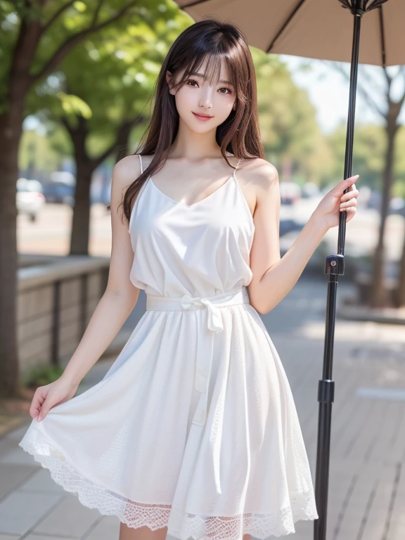 Photo-realistic quality、The 20-year-old Japanese idol is posing in a black top and white skirt., romantic dress, frock, cute dress, dress and cloth,Elegant Dresses、Romantic and beautiful dress、Looking at the camera、Detailed and beautiful eyes、Cute smile、A soft and gentle look