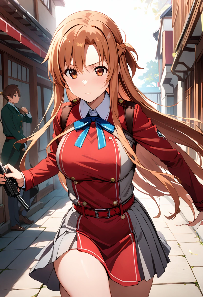 Best Quality、Very detailed、High resolution illustrations、Ultra-high-definition CG、８k size wallpaper、Production art、Light novel illustrations、Yuuki Asuna, Long Hair, bangs, Brown Hair, Brown eyes, very Long Hair, Braiding,, shirt, Long sleeve, dress, ribbon, white shirt, collared shirt, belt, neck ribbon, red dress, blue ribbon, pleated dress, grey dress, two-tone dress, Red belt, Uniform sake, Running with a gun、