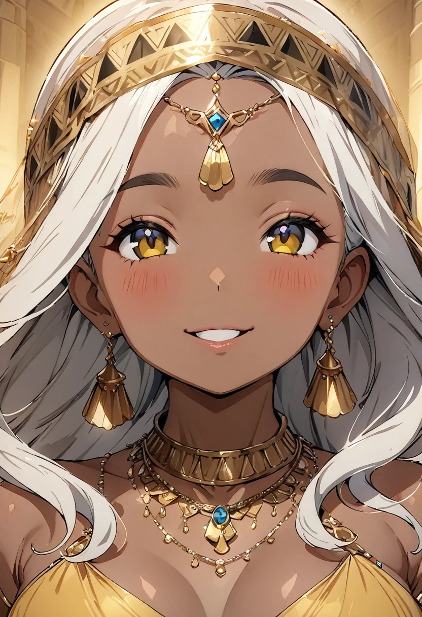 (masterpiece, Best Quality:1.4), 1 girl, 20-year-old woman, Anime Style, Upper Body, Photographed from the front, look up, Egyptian, (Belly Dancer), Arabian Nights, Brown Skin, (((Cute eyes))), (((口元を隠すフェイスVeil))), Veil, necklace, Wearing a modest gold silk dress, smile, Pink lower lip, Silver Hair, Asymmetrical bob hairstyle, Longer bangs on one side, The ratio of person to background is 1:1, Pure Yellow Background.