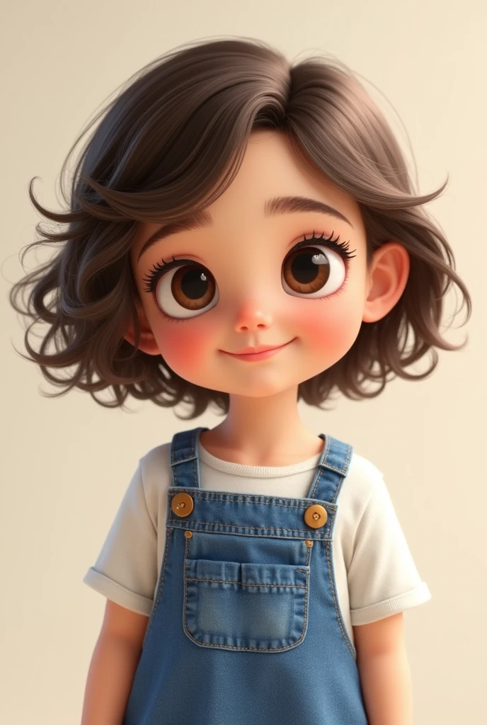 (cbzbb:1.25), portrait of the illustration of a small girl with pulled brown eyes, smiling, with round face and very long light brown hair, with dark blue sleeveless silk blouse and light blue jean shorts, artstation, CGI_Animation,