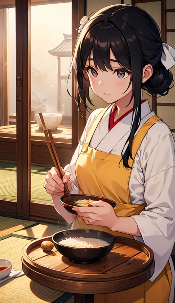 A girl wearing an apron is serving rice into bowls.,Taisho era hairstyle,Black Hair,Tatami room.Round wooden table,