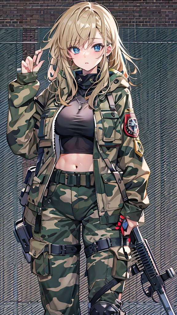 A masterpiece of photorealistic artistry, this 8K wallpaper showcases an ultra-detailed, fine-grained image of a striking woman in camouflage attire, holding a rifle (M4 SOPMOD II) and posing for a close-up shot. Her mechanized soldier girl persona is amplified by the sidearm pistol at her waist, juxtaposed with tattered military gear and a revealing bikini. The camera captures her from a waist-shot perspective, highlighting the intricate details of her infantry-inspired getup, including an AK-1/2 rifle in hand.