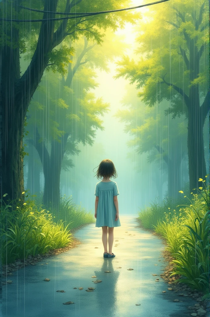 One girl, solo, High resolution, Gaze, Crossroads of Fate、ＹStand at a crossroads、The bright road to the right、The dark road to the left、High resolution, masterpiece, detail, 高いdetail, Highest quality, High-resolution model, Very detailed, Illustration, 8k octane, Anime Style, Renaissance, Soft Light, 