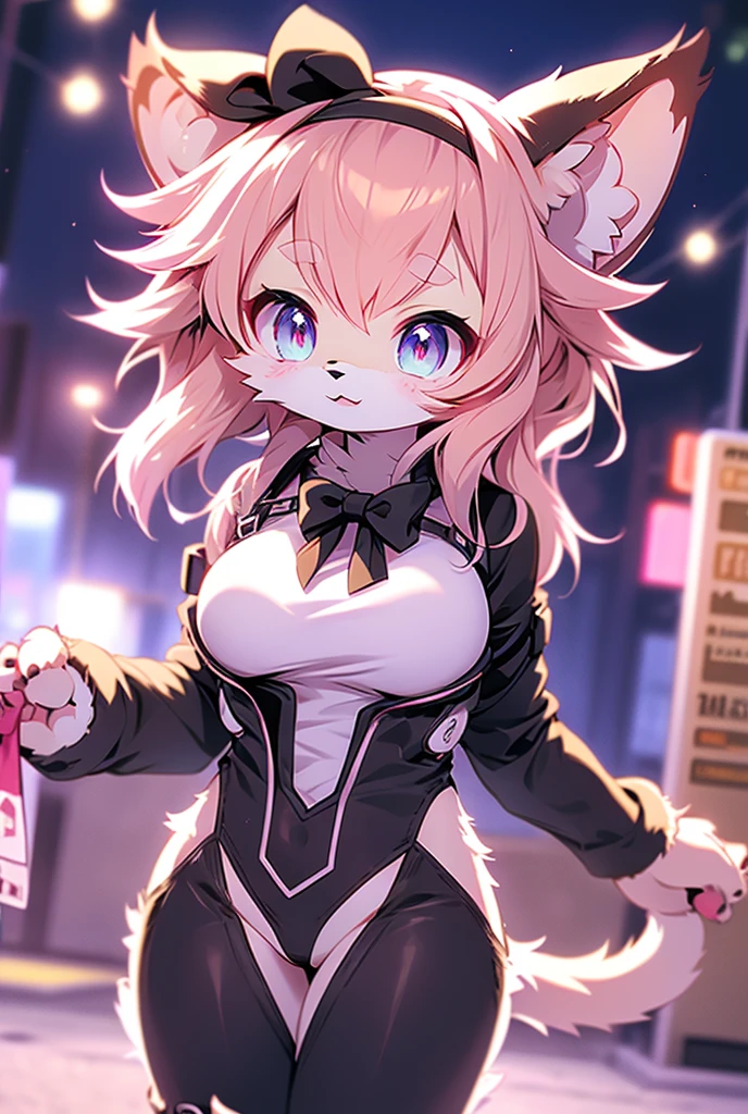 Cute, anime, furry, cat_girl, eyes_pink, hair_short, hair_pink, ears_large, large_breasts, tail_long, hair-bowtie_black, bodysuit_black