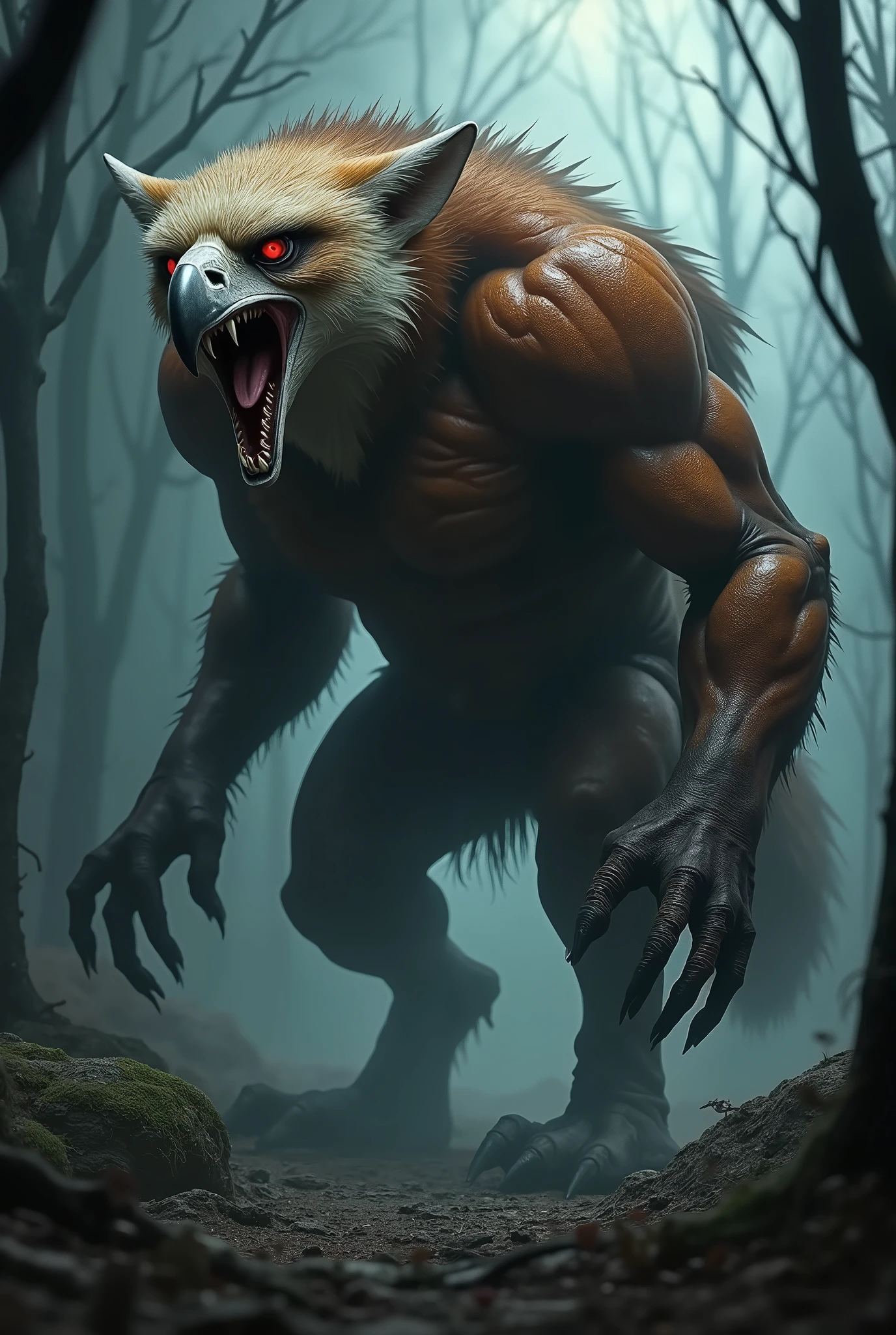 Videogame screenshot, (solo), angry muscular male anthro werewolf, skimpy clothing, looking at viewer, detailed background, loincloth, masculine pose, abs, pecs, beak, by taran fiddler, 3d render, prowling