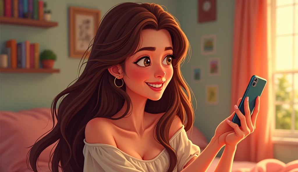 Imagine a cartoon hyper realistic 
4D Beautiful woman, with brown hair, light brown eyes, white skin, with some freckles, curvy bbw, curly long hair, making a crochet on her bed of a  clothes, talking with her boyfriend on a video call 
