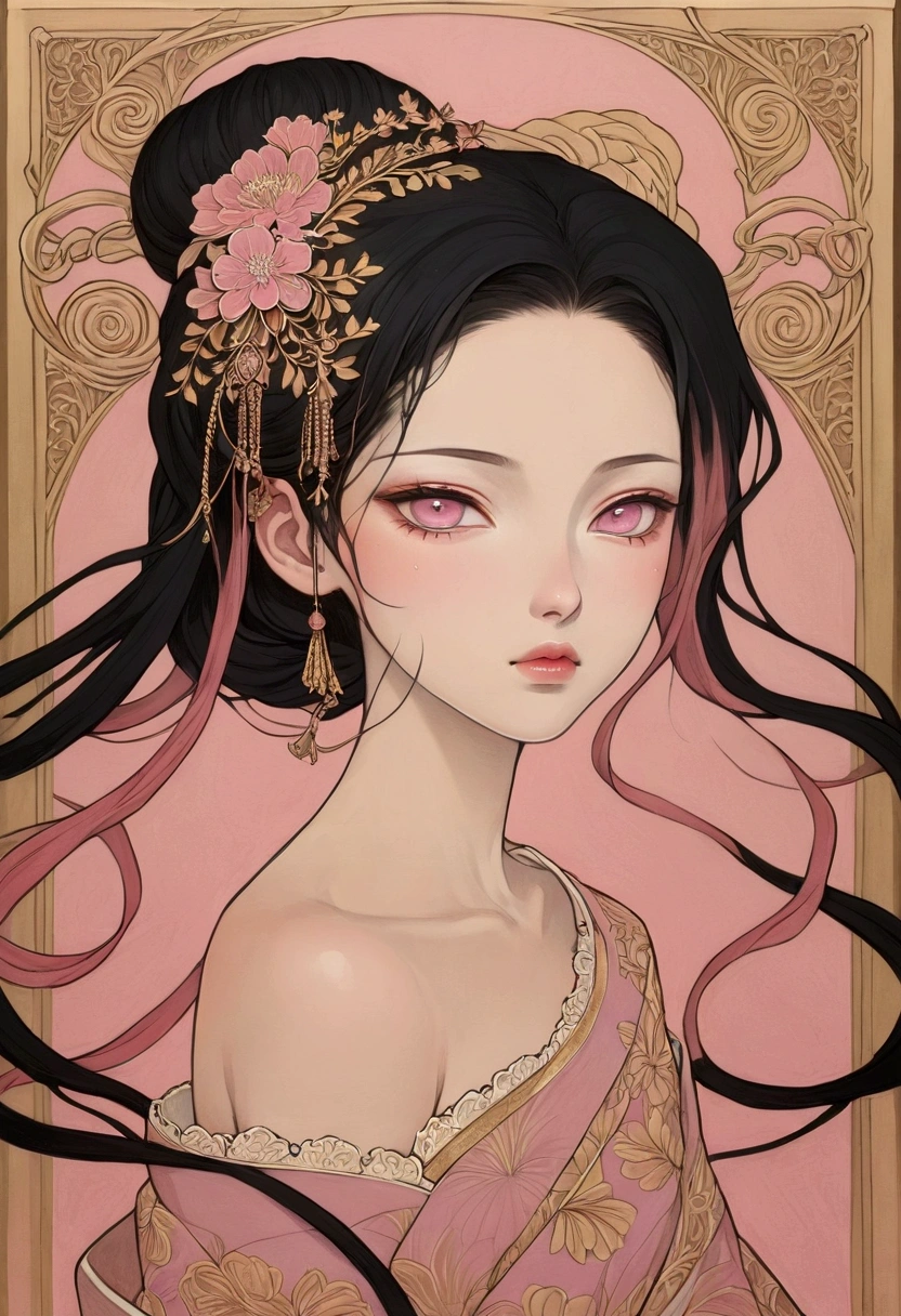 ((best quality)), ((masterpiece)), (detailed), ((perfect face of Nezuko Komado)), surreal, art nouveau, in the illustrative style of moebius, fantasy, ethereal, ornate gold details, (ornate gold border), graphic novel, line drawing, japanese, traditional, vintage, elegant, chic, sophisticated, tattooed face, vibrant pinks, stark blacks, gold details, portrait, black hair with pink highlights, big pink eyes, ulzzang, 
