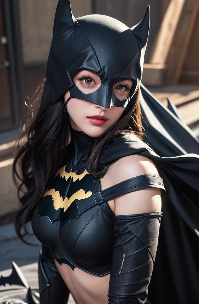 ((best quality)), ((masterpiece)), (detailed), 1girl,Batman&#39;s Suit、Nipple piercing、Big Breasts、The areola is small、Brown nipples、Place your fingers on your nipples、Cute Japanese、woman、Light in your eyes,Accentuate the cleavage、