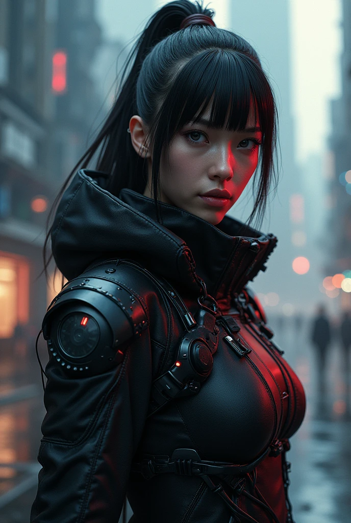 3000Year、Chiba、A female samurai with a cyborg half-body、cyber punk、(((Mirror goggles embedded in the eyes)))、Grab a gun、推定Year齢２８Year、Bodysuits that fit the body、skinny、skinnyパンツ、Casual wear、Sober、Wear a half-coat、Combat Ready