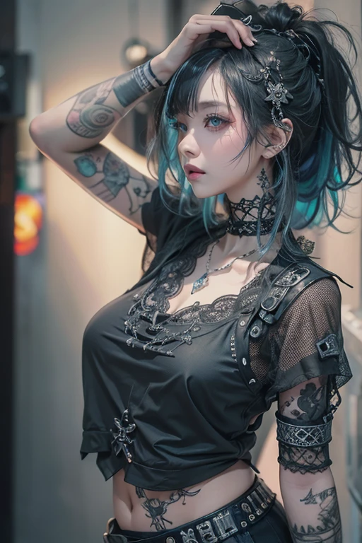 Full of tattoos、Futuristic and luxurious hair ornament、Colorful hair color、Street Goth Lolita Fashion、Gentle smile、very cool