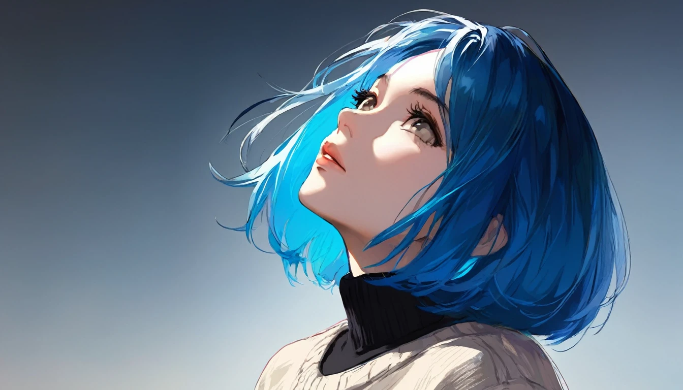 Illustrator, anime , Realistic ,sketch , Abstract sunshine background、Body、1 girl, ,Looking up at the sky、lip、 sweater,order, White gradient background, Blue Hair,Short Bob、blackｔshirt、Textured Trim, Canadian, (masterpiece,Highest quality) Cancer