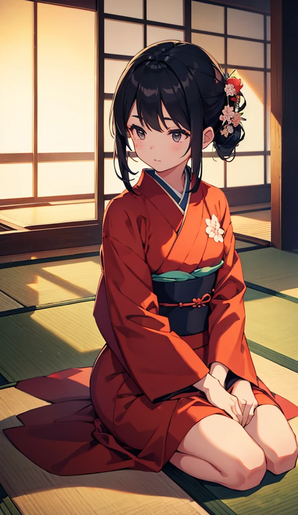 A girl wearing a kimono is sitting in seiza position.,Taisho era hairstyle,Black Hair,Tatami room,